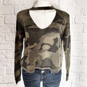Olivaceous | Camo Green Cut Out Neck Sweater